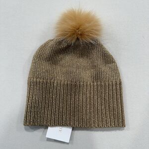 Fleurette Women's Beige Metallic Wool Fur Pom Pom Beanie Hat Size One Size